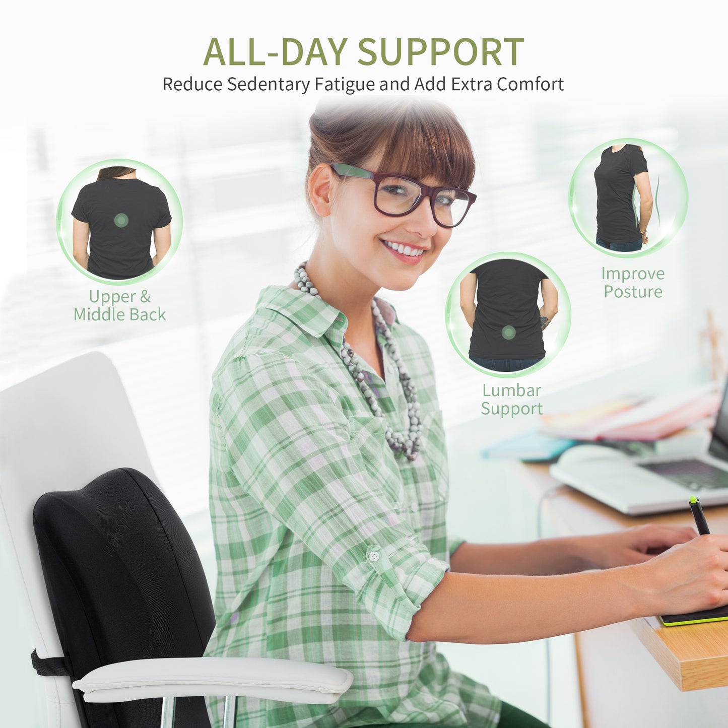 WakeSpring Lumbar Support Memory Foam Back Cushion – Breathable, Non-Slip & Removable Cover