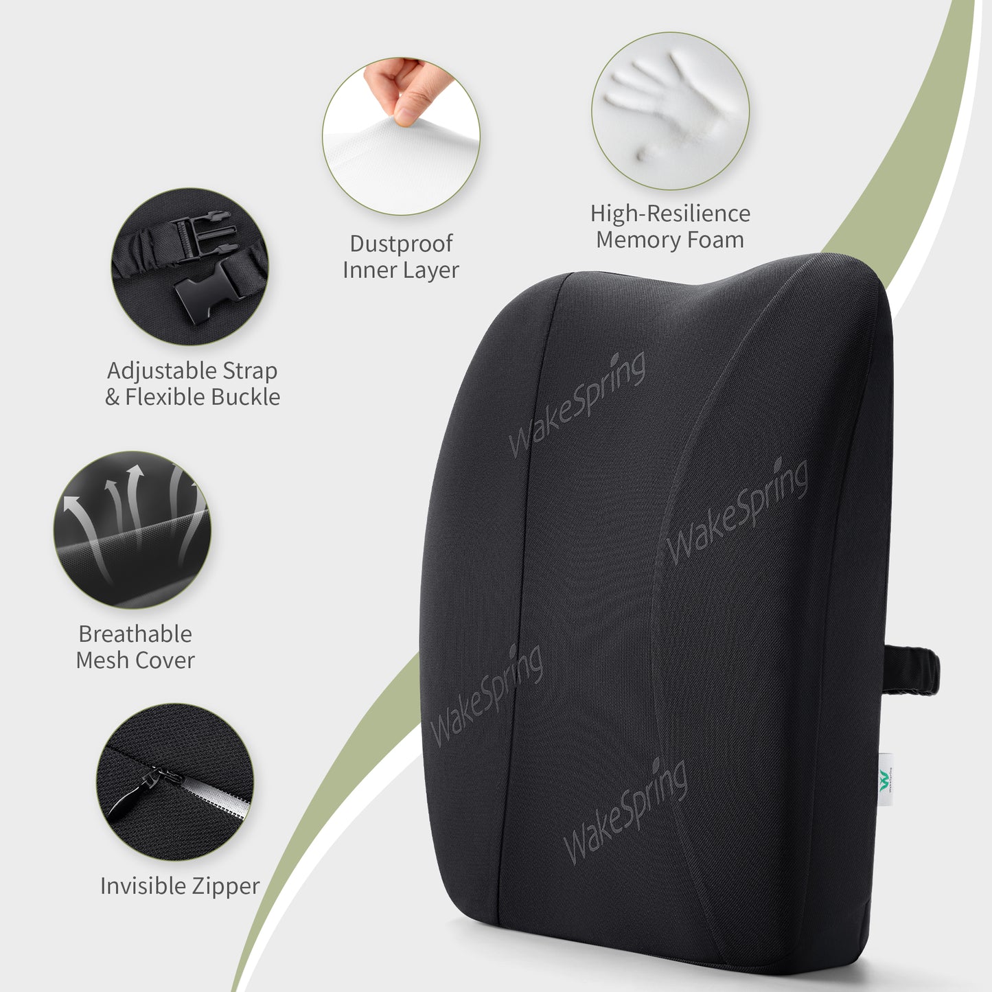 WakeSpring Lumbar Support Memory Foam Back Cushion – Breathable, Non-Slip & Removable Cover